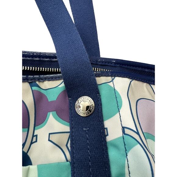 Coach Kyra White Green Blue Logo Printed Dual Top Handle Large Tote Bag - Picture 3 of 12